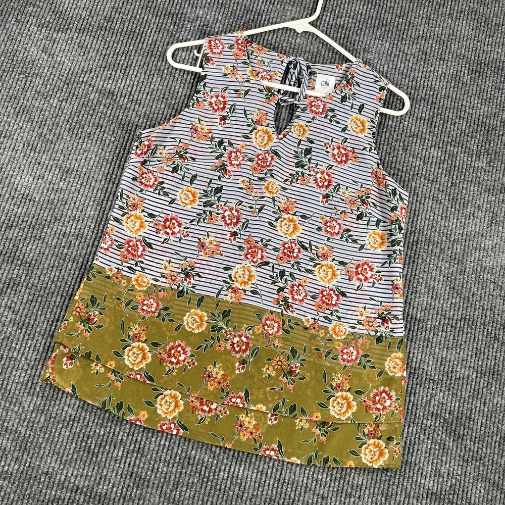 Cabi Blouse Womens Small Striped Floral Sleeveless Keyhole Tie Back Olive Lined